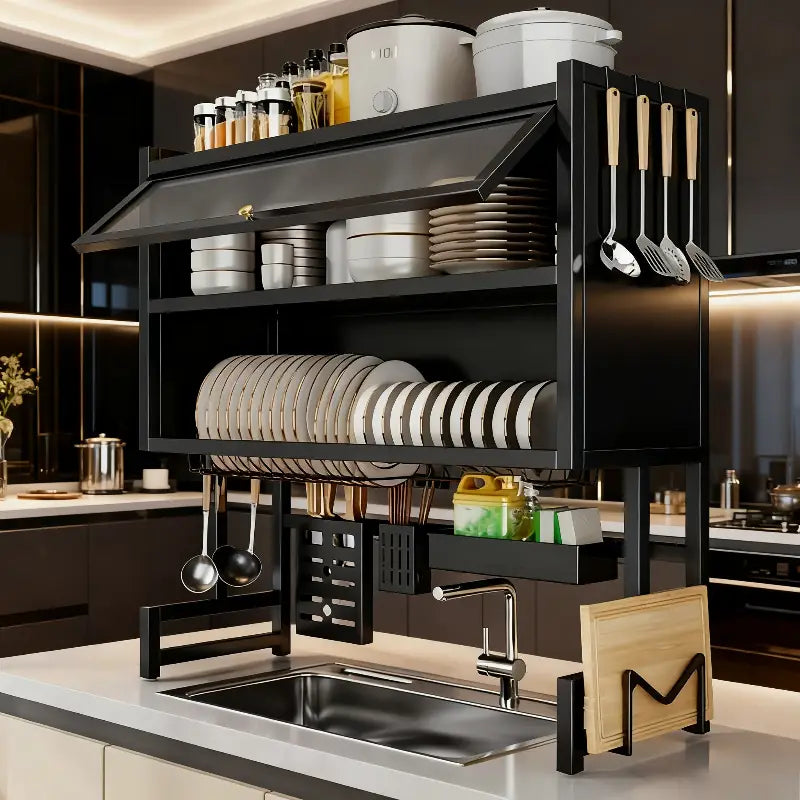 Égouttoir à Vaisselle 4 Niveaux - Organisateur Cuisine Premium 90cm Anti-Poussière