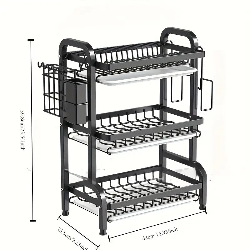 Égouttoir à Vaisselle 3 Niveaux Fer Robuste - Organisateur Cuisine avec Support Planche à Découper